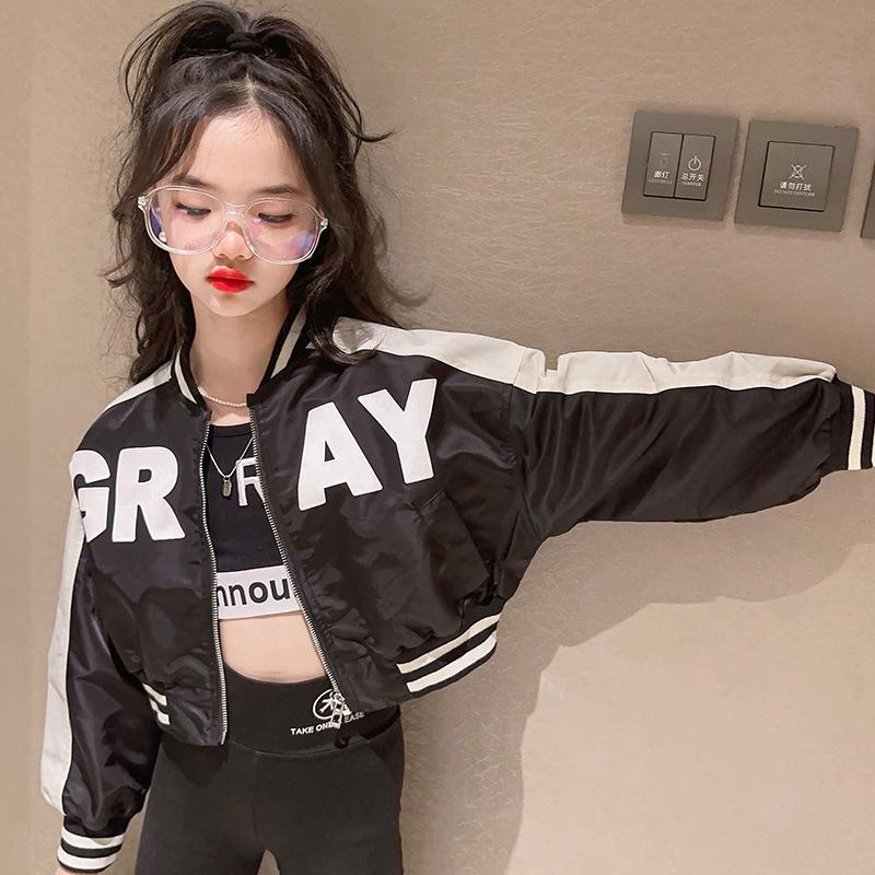 Dziewczęca wiosenna i jesienna krótka bluza baseballowa z okrągłym dekoltem, kardigan na zamek błyskawiczny dla dzieci średnich i dużych, casualowa kurtka z przeszyciami