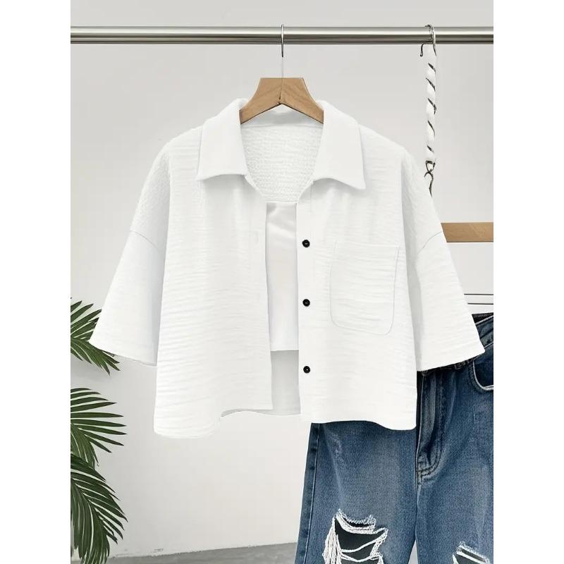 Women S Cropped Button Up Pocket Solid Color Short Sleeve Shirt S белый