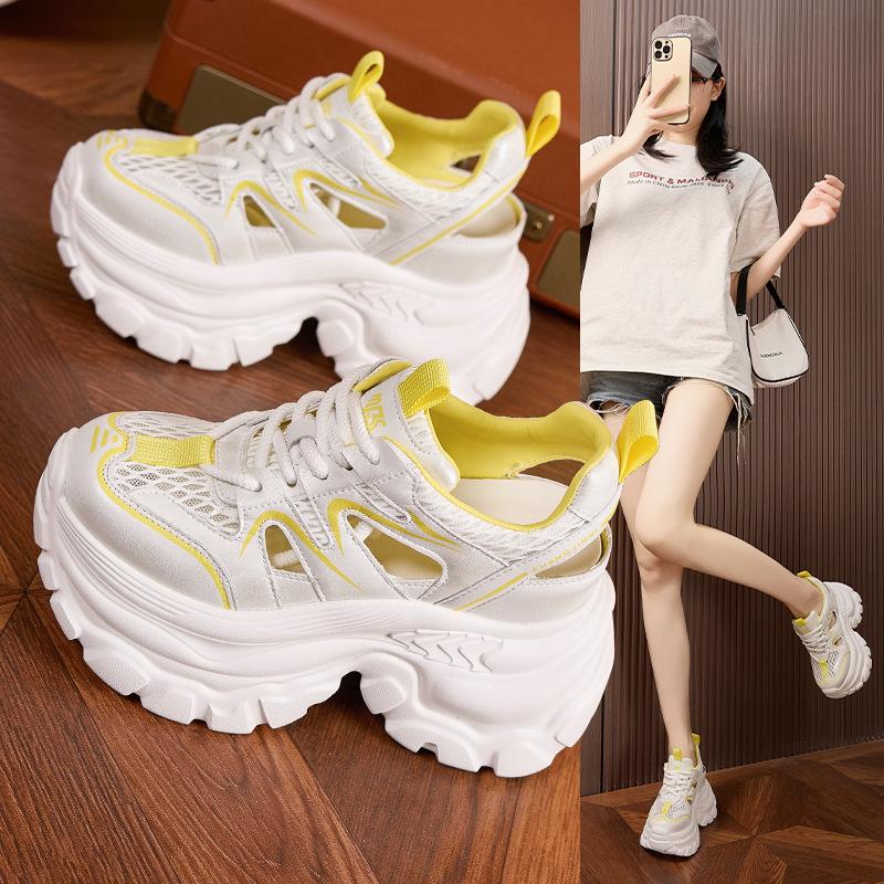 9CM Breathable Leather Women Sandals Vulcanized Mesh Chunky Shoes 9CM Platform Gladiator Shoes High Heels Casual Summer Sneakers