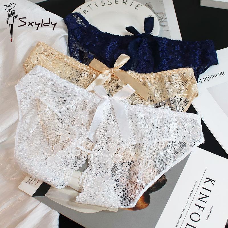 Women's Bow Lace Hollow Panties Low Waist Sexy Temptation Open Crotch Free To Take Off Briefs