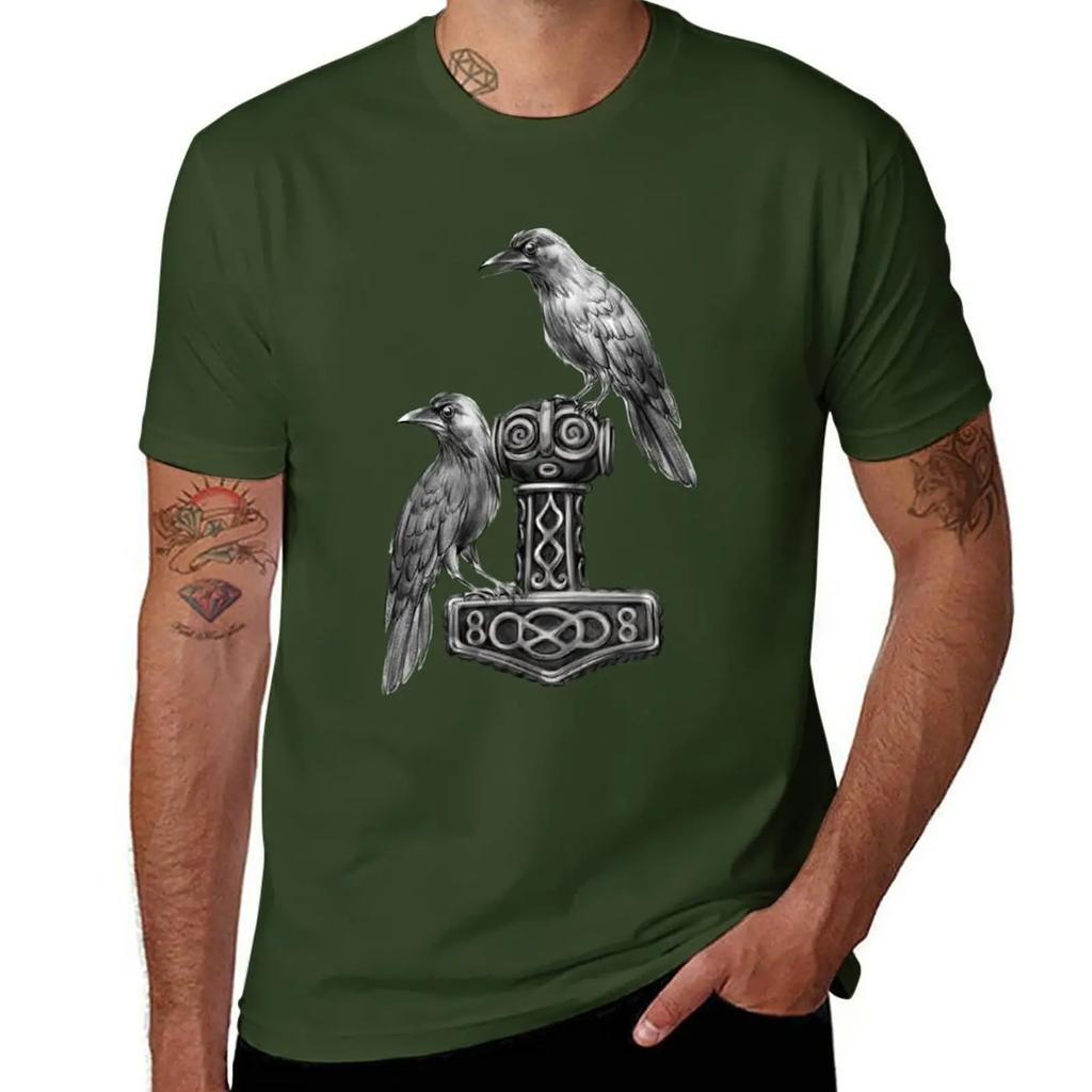 Thor Hammer Mj?lnir with Odin Ravens Hugin and Munin T-Shirt plus sizes anime clothes vintage t shirts pack