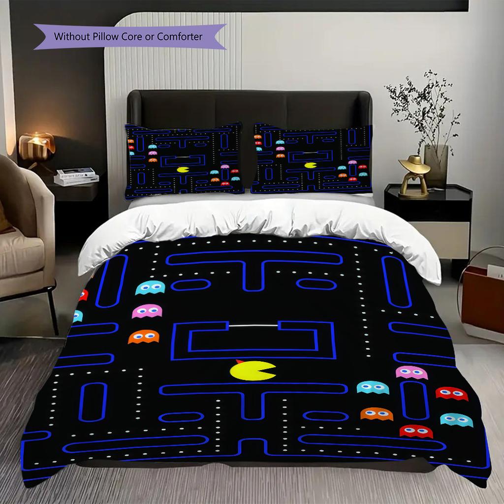 PacMan Tournaments Retro Fun Three-piece Set(1 * Duvet Cover + 2 * Pillowcase, Without Core) Bedding Set Soft and Comfortable