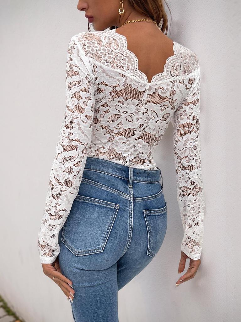 2026 New European & American V-neck Lace Bodysuit: Sexy, Long Sleeve, Slim-fit Autumn Wear for Women