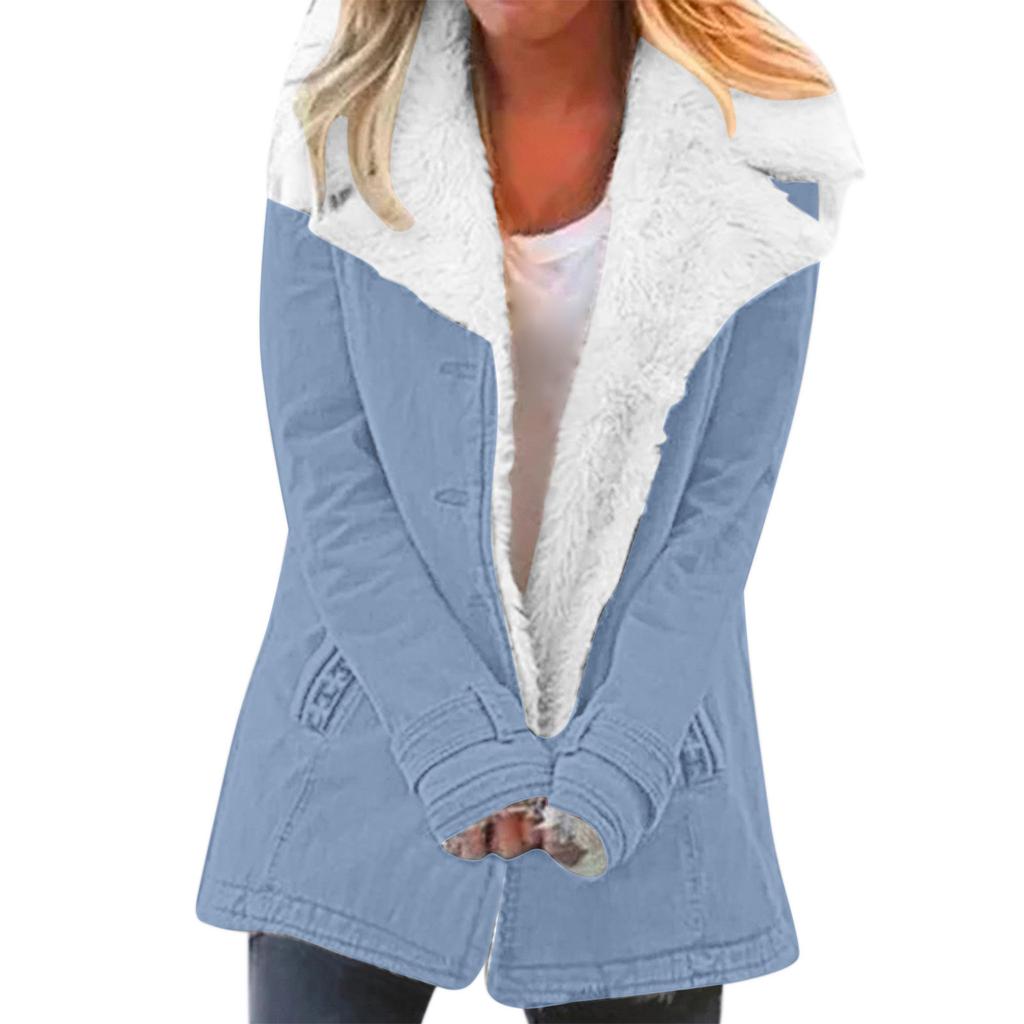 Women's Lapel Sherpa Lined Denim Jacket Straight Fit Urban Style Warm Fleece Winter Outer Coat
