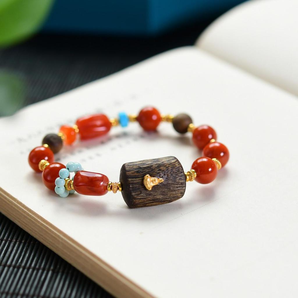 Novo Bracelete de Prata 925 com Ágata Vermelha e Turquesa Estilo Chinês