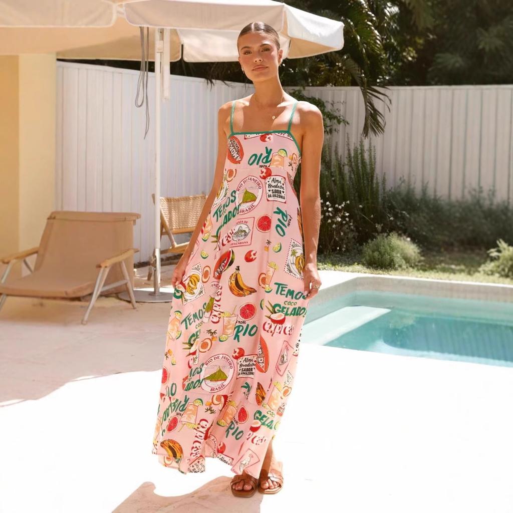 Women's Boho Floral Beach Sundress Sleeveless Summer  Maxi Dress Spaghetti Straps Casual Smocked Flowy A-Line Dress Party Long Dresses for Women