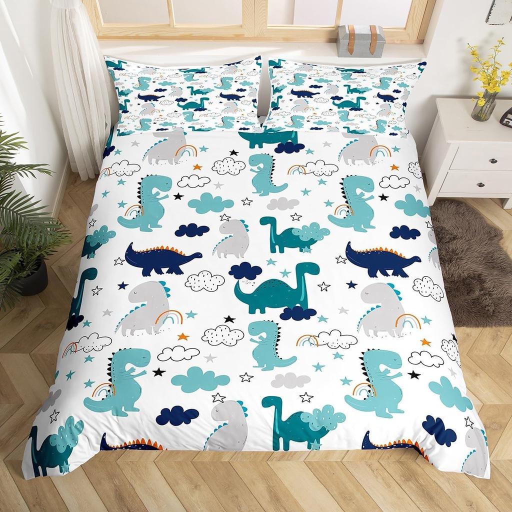 Dinosaur Duvet Cover Set Queen Twin Size,3Pcs Cartoon Dino Print Bedding Set for Kids Boys Room,Soft Microfiber Comforter Cover