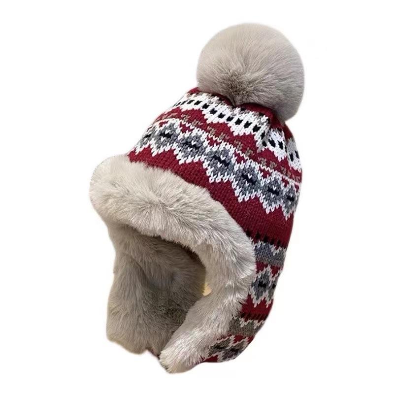 Jacquard Knitted Velvet Warm Hat for Women in Autumn and Winter Lei Feng Hat Travel Ski Hat Ear Protection Woolen Hat