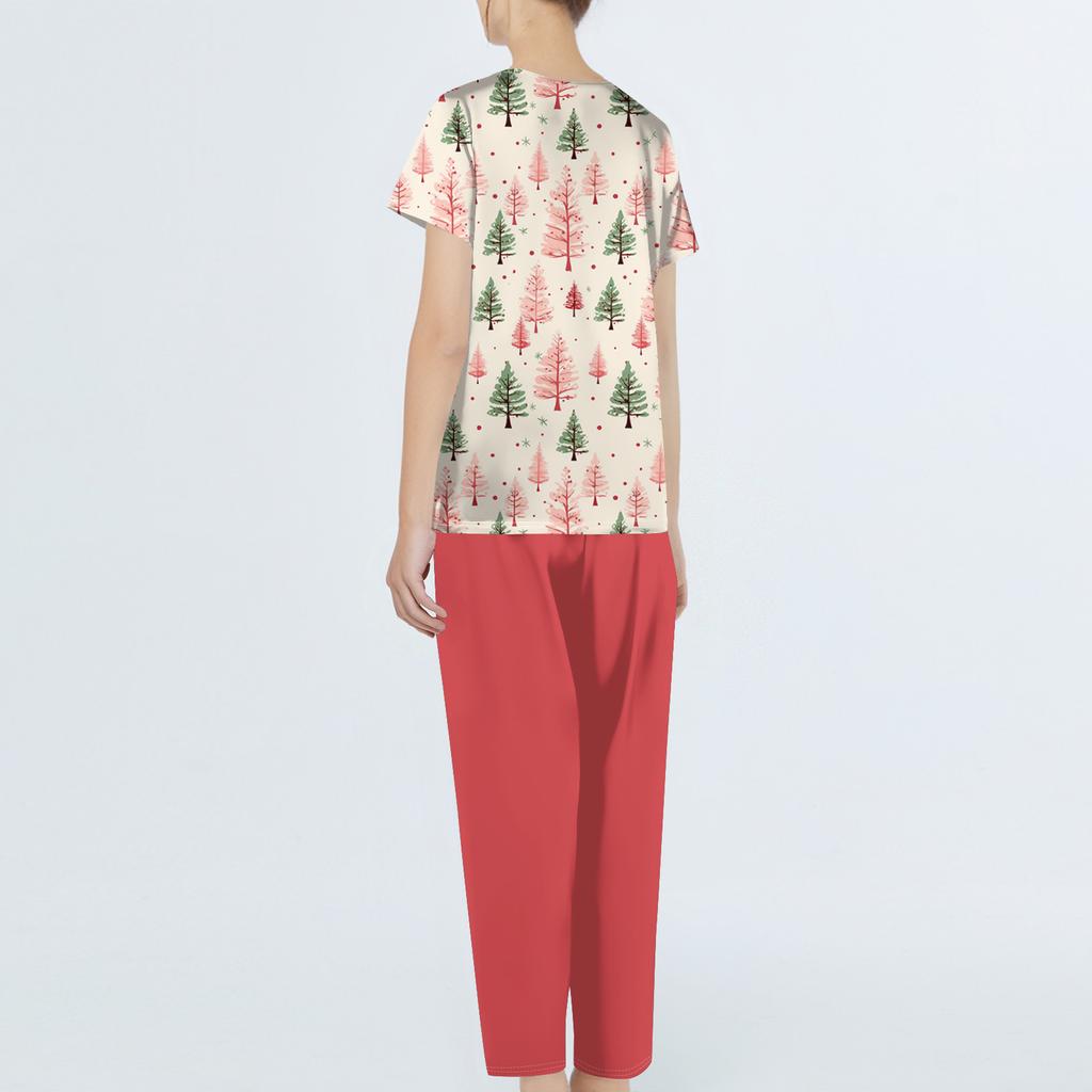 Women's Uniform Set with Short Sleeve Christmas Print Top and Pants, Two Piece Caregiver with Pockets