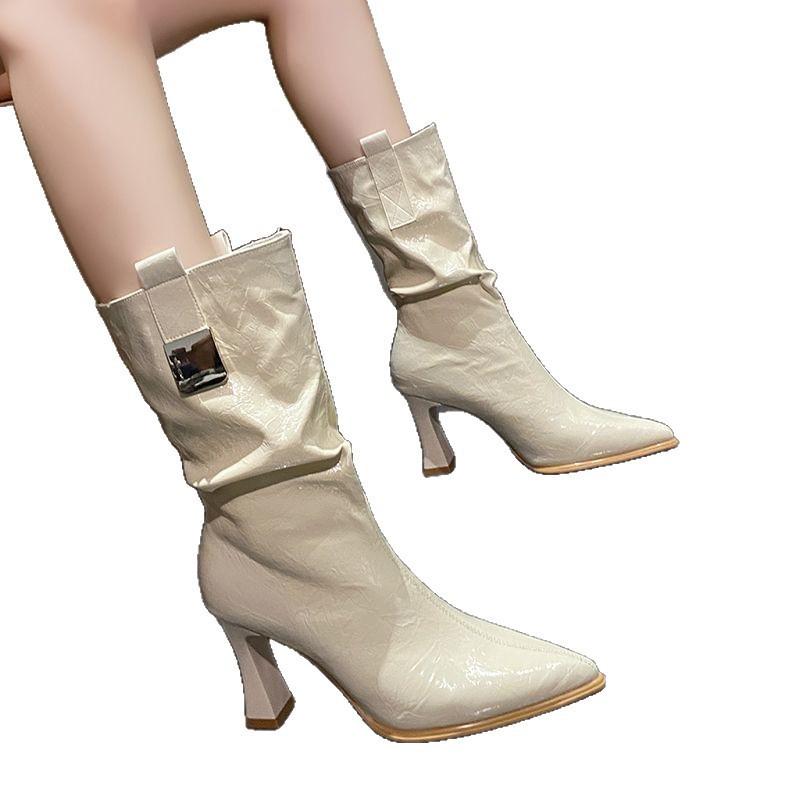 Huge good-looking pointed high-heeled short boots for women's autumn and winter new versatile stacking boots temperament thick heel thin boots