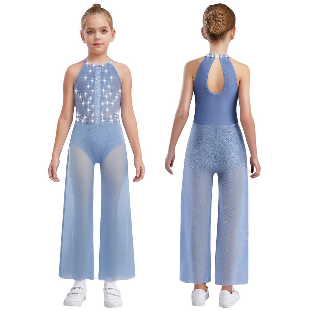 Girls Rhinestone Dance Bodysuit - Shimmery Sleeveless Jumpsuit with Keyhole Back & Side Splits, Built-in Briefs for Performances