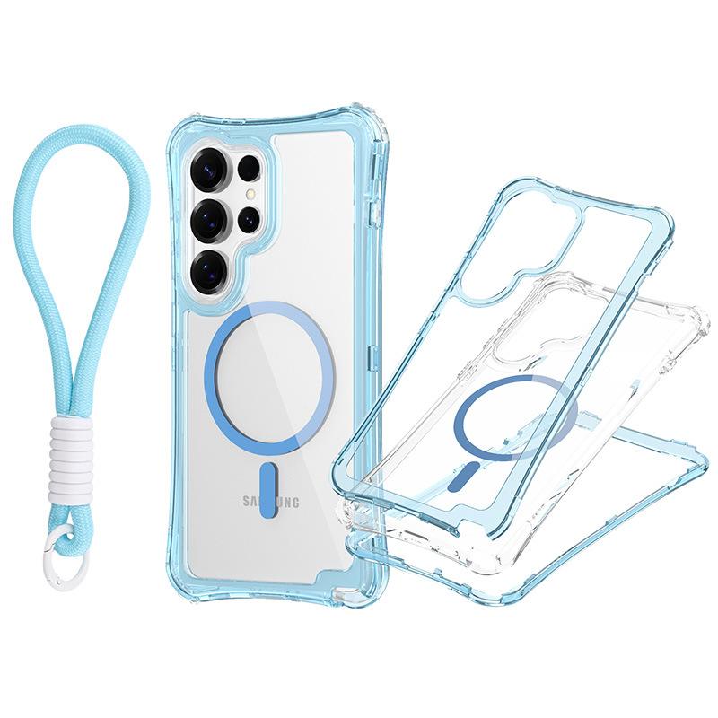 For Samsung S25 Ultra Magnetic Transparent Triple-Function Phone Case with Wrist Strap