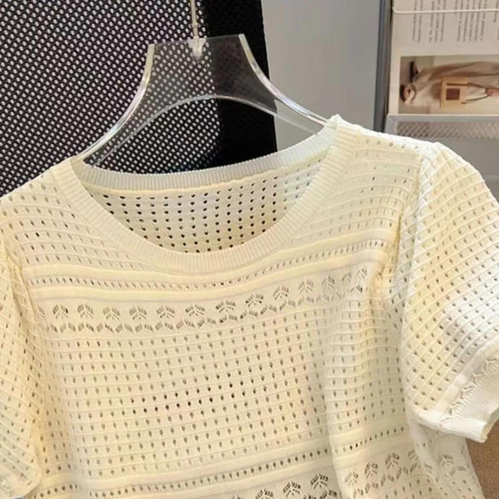 Women's Summer Ice Silk Knitted Shirt Short Sleeved Round Neck Hollow Thin Pullover Top