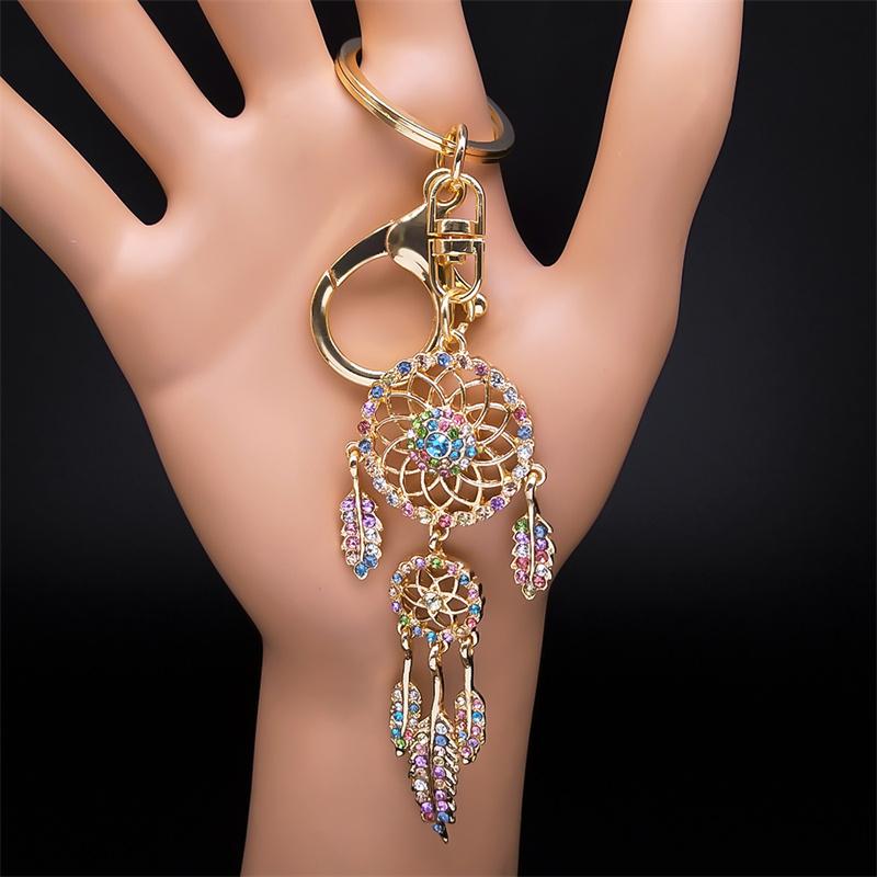 Shinny Crystal Owl Dreamcatcher Feather Keychain for Women Alloy Rhinestone Dream Catcher Animal Key Ring Bag Jewelry K9034S05