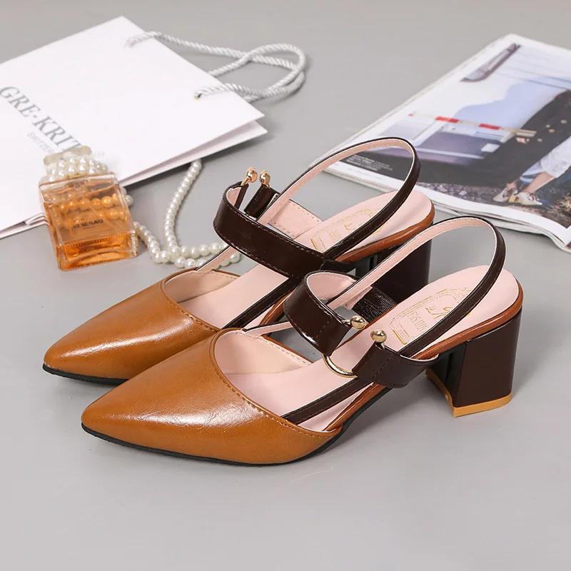 Sandals for women's summer 2024 new Korean version with pointed toe buckle and Roman shallow mouth thick heel high-heeled shoes