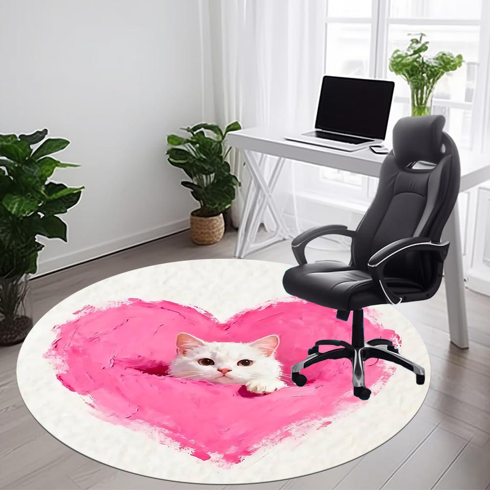 1PC Heart Cat Office Round Area Rug,  Mat Suitable ForOffice, Under Office Chairs Bedroom Living Room Home Decor, Room Deco