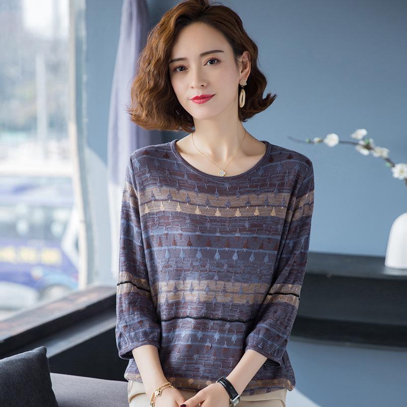 Spring and Summer Fashion Mom Knitted Sweater Women's Live Broadcast Explosion Round Neck Loose Seven-quarter Sleeve Striped Contrasting T-shirt Top