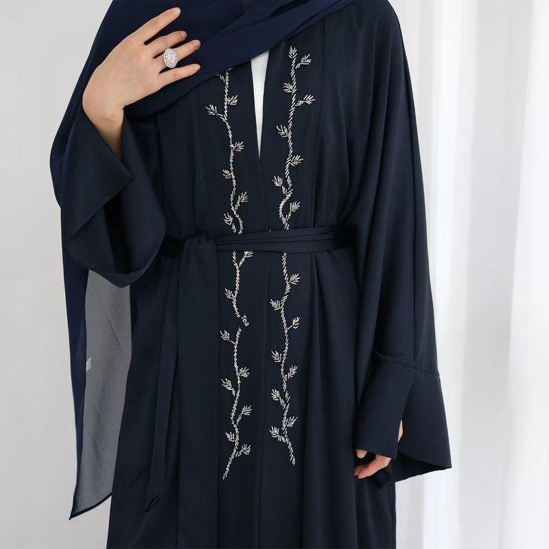 New Arrival Middle East Dubai Exquisite Embroider Cardigan Shoelace Dress Embroidered Lace up Dress
