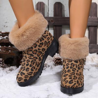 Leopard Suede Block Heel Cotton Boots Winter New Round Toe Side Zipper Platform Anti-Slip Wear-Resistant Booties