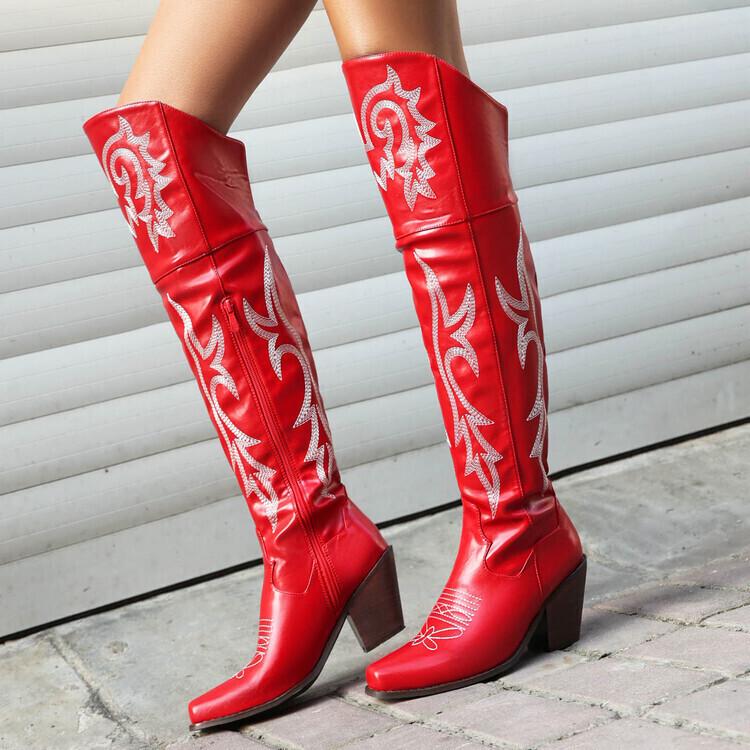 European and American new thick-heeled cowboy boots high-heeled knee-length fashion knight boots women's knee-embroidered western boots
