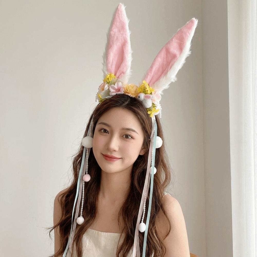 Flower Rabbit Hair Band Plush Rabbit Ear Hair Ornament Cute Mid-Autumn Festival Headband Festival