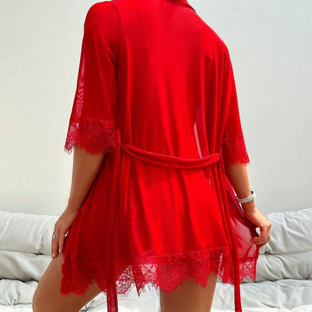 Lace Sexy Pajamas, Erotic Underwear See-through, Women's Mesh Suspender Nightgown Three-piece Set