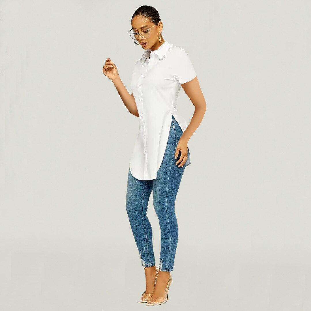 

Blusas 2023 Летняя рубашка с коротким рукавом с разрезом, женская блузка с отложным воротником, повседневные свободные топы, однотонная одежда, милая 25634 XXL белый
