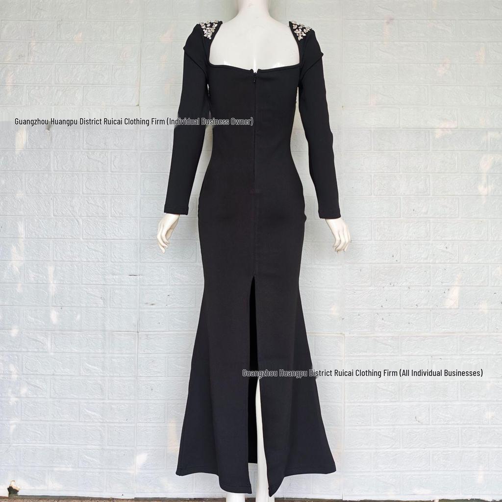 European & American Rhinestone Inlaid Stand-up Collar Bandage Evening Dress, 2025 Luxury Style.