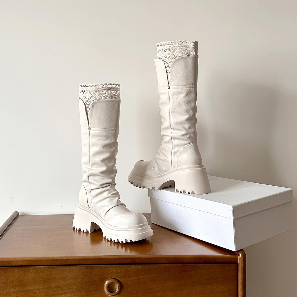 Niche Design Round Head Pleated Heightening Thick-soled Boots Temperament Versatile Maillard Thin Thick Heel Knight Boots Women