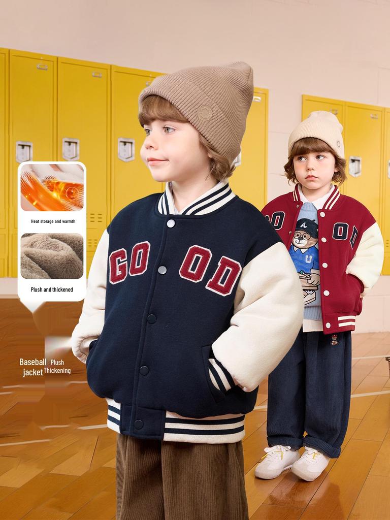 European Boys' Fleece-Lined Baseball Jacket - Thickened Winter 2025 Kids Toddler Coat