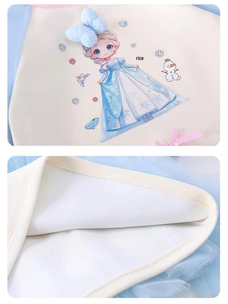Autumn 2025 Girls' Cartoon Sweatshirt Mesh Dress with Bowknot - Sweet Baby Princess Dress