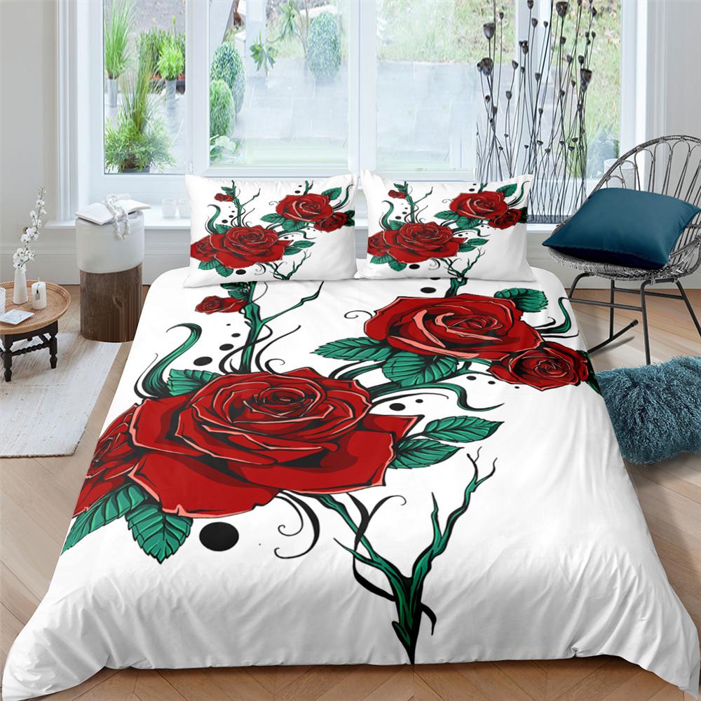 Red Rose Duvet Cover Set Red Flower Gray Background 3D Comforter Cover Valentine's Day Gift King Queen Size For Girls Women Kids