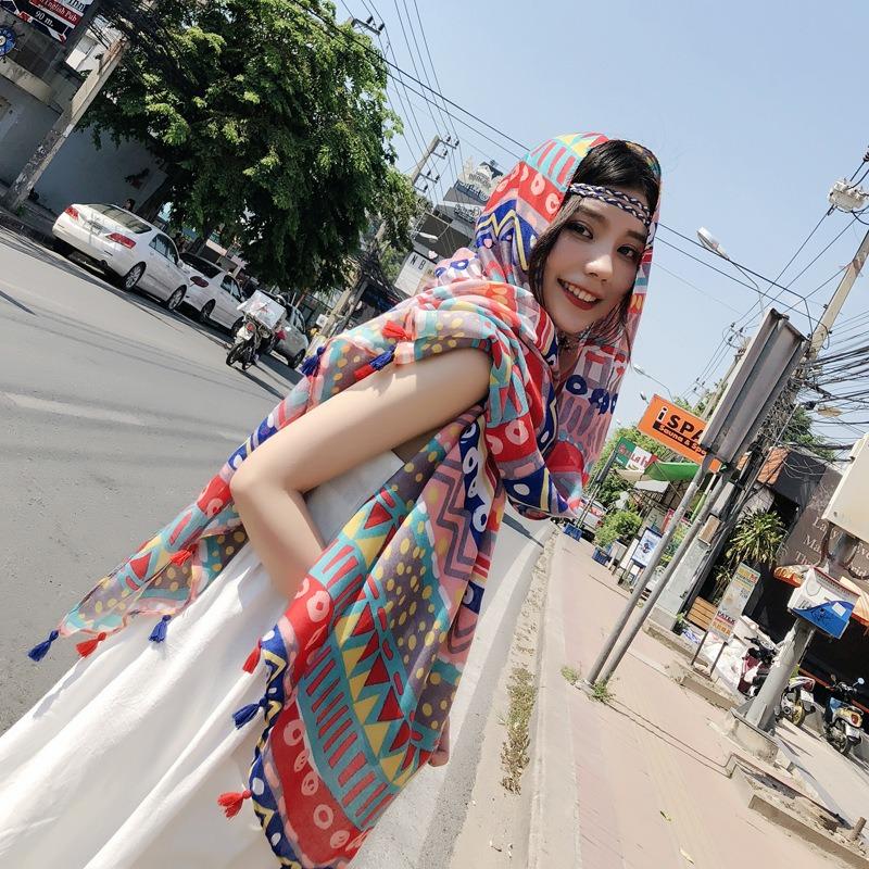 Women Oversized Printed Ethnic Style Neck Scarf Summer Beach Vacation Sunscreen Shawl