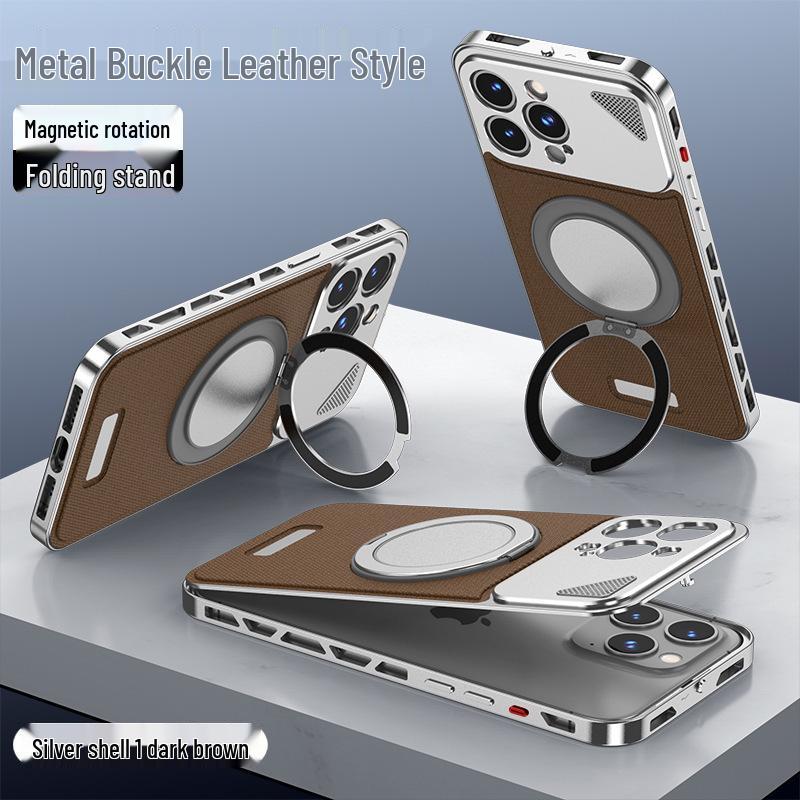 Aluminum Alloy Leather Buckle Phone Case with Rotating Stand for iPhone 16 Pro Max, Compatible with Apple 14