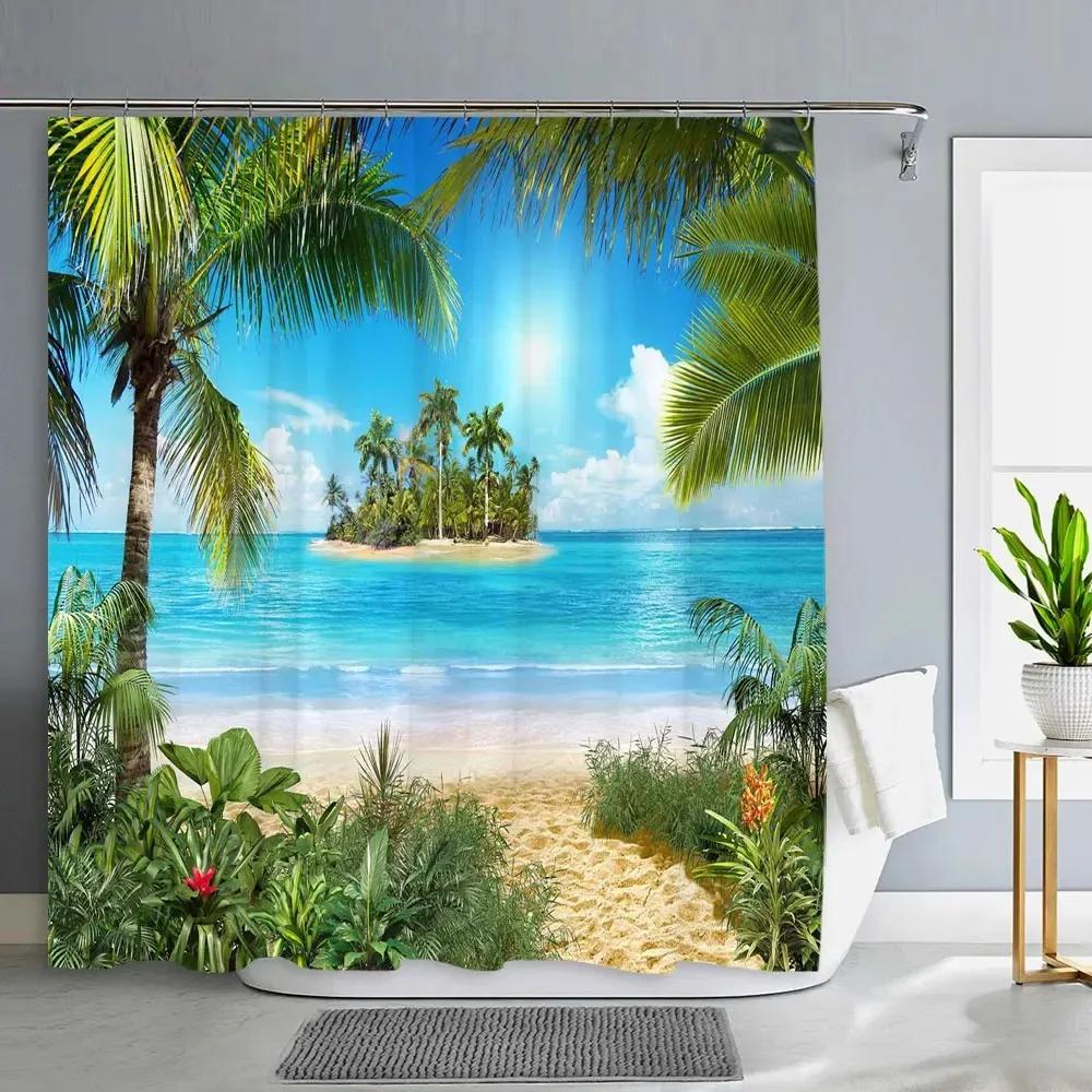 1PC Green Tropical Plants Shower Curtains for Bathroom Polyester Seaworld Shower Curtain Printing Curtain Beach Shower Curtains