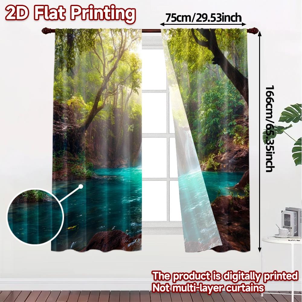 2pcs, 2D FLAT PRINTING Curtains (Without Rod) Emerald Cascade Creative Popular Curtains Machine Washable Fabric Curtains