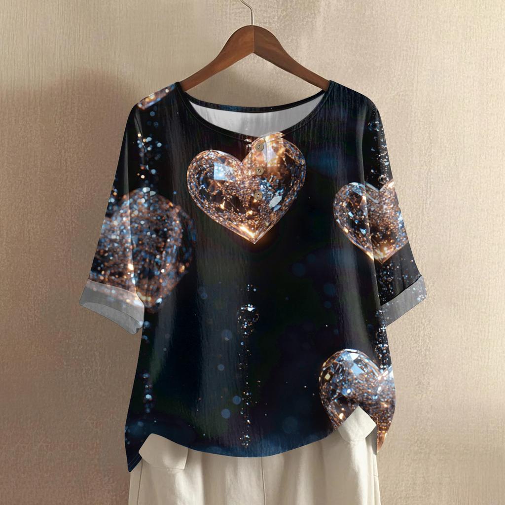 Damska casualowa i wygodna bawełniano-lniana bluzka z okrągłym dekoltem, średniej długości, z modnym nadrukiem