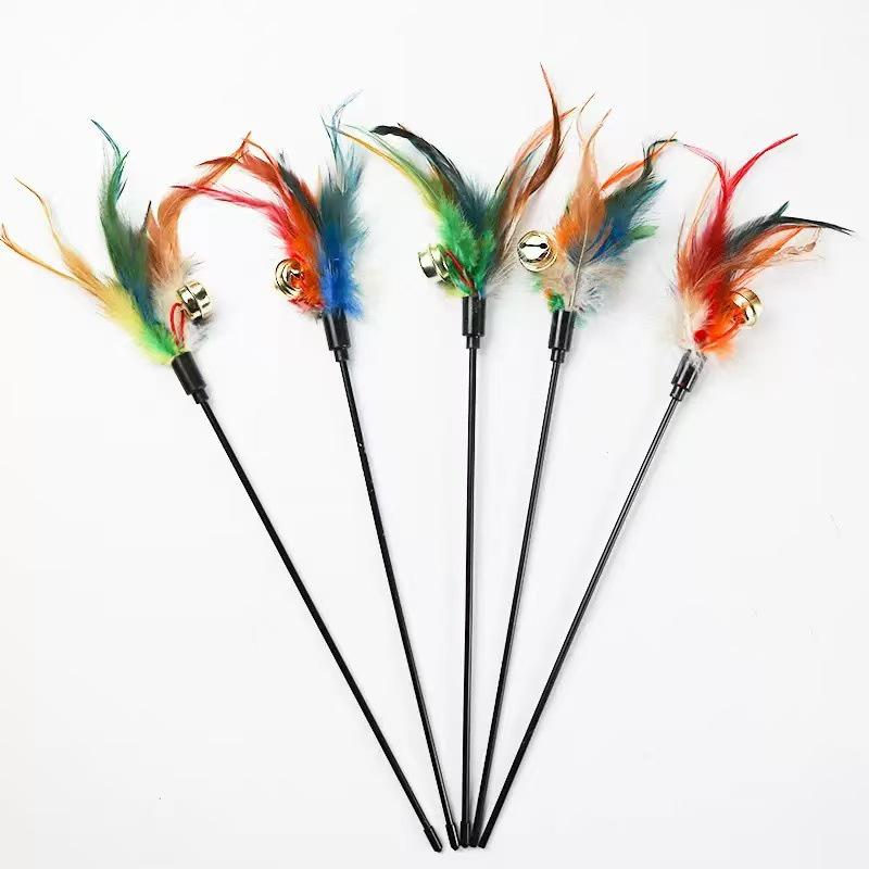 Colorful Feather Cat Teaser Stick: Black Rod with Bell, Bite-Resistant Kitten Toy
