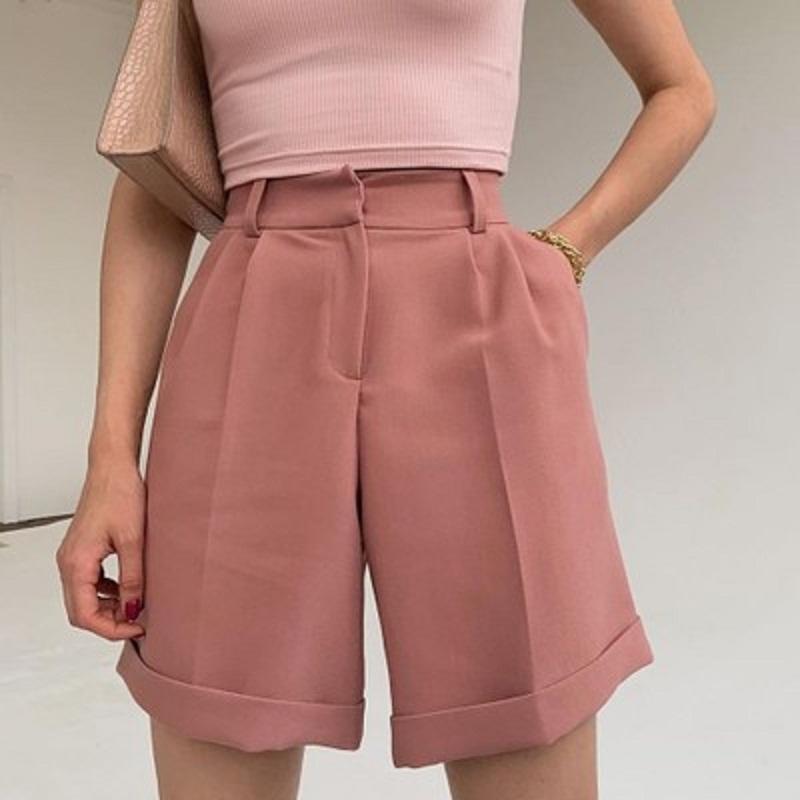FGHJ Summer Fashion Cool Women Suit Shorts Straight Leg Mid Waist With Zipper Button Pockets Office Ladies Clothes Casual Loose Short Pants