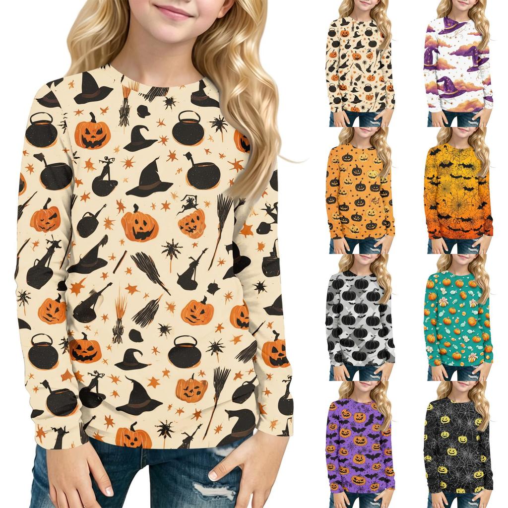 Kids Halloween Printed T-Shirt Long Sleeve Neck Base Layer for Boys Girls