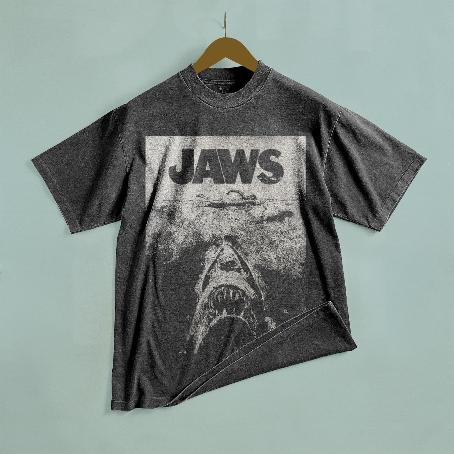 Handmade JAWS Bleached T-Shirt: Faded Black Cotton, Vintage Movie Tee 3XL