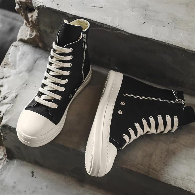 Chaussures Décontractées en Toile pour Hommes Femmes High Street Hautes Plates Style Skate Unisexes Tendance Lacets Noirs Baskets