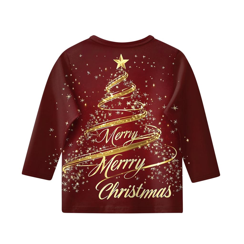 Children's 3/4 Sleeve Tops Casual Christmas Print T Shirt Round Neck Pullover Blouse
