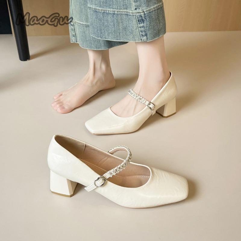 Fashion French Style Black Mary Janes Women's Mid Heel Pumps with Rhinestone Ankle Strap Chunky Square Toe Fashion Work Shoes for Women