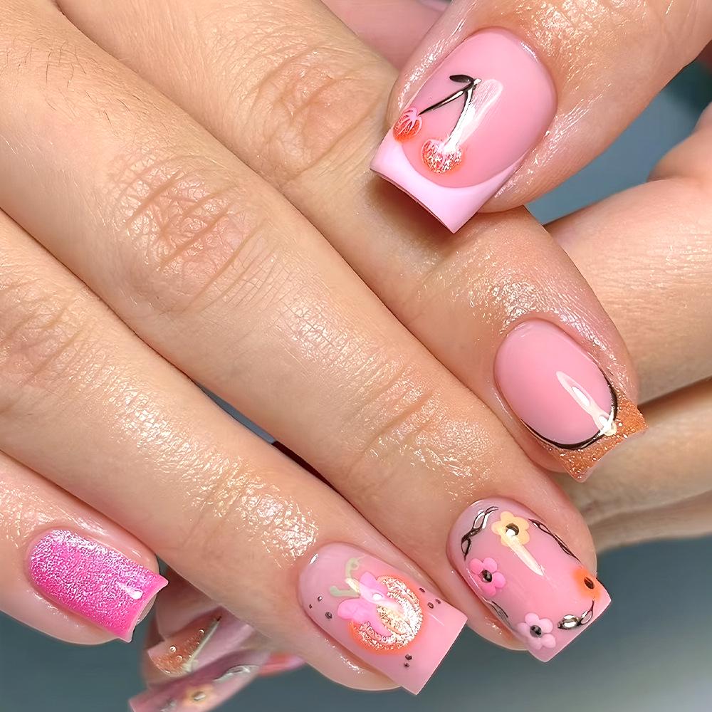 Spring Floral Pink Sparkly Wearable False Nails - 24 Piece Set