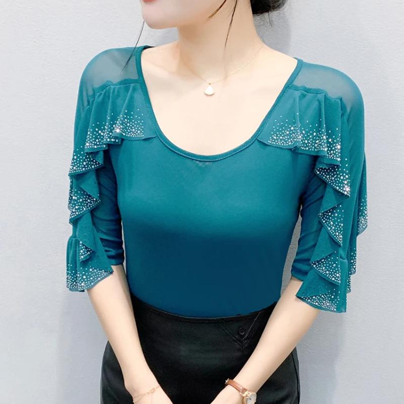 New Summer Streetwear Girl Chic Ruffled Hot Diamonds T-Shirt Clothes Fashion V-Neck Half Sleeved Mesh Tops Women's Tees Blusas