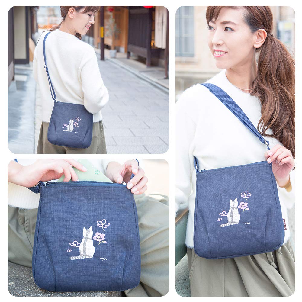 creare Kiki Women's Shoulder Bag, Lightweight, Small, Crossbody, Made in Japan, Kimono Style, Indigo and Persimmon Tannin Dyed, Cat Embroidery, Kyoto