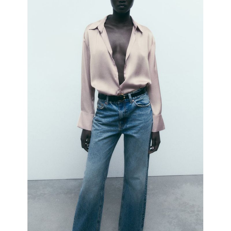 Loose Long Sleeves Single-Breasted Silk Satin Texture Drape Shirt