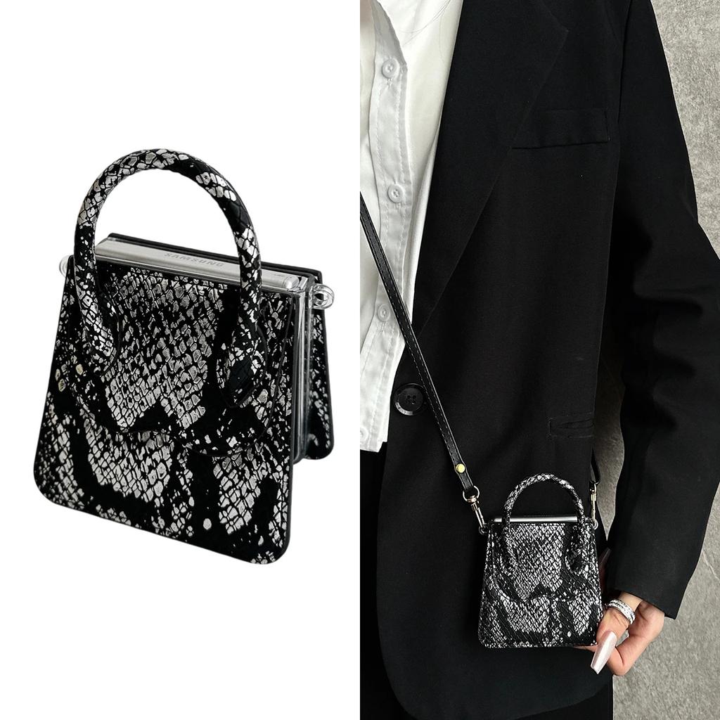 Snake Skin Pattern Handbag Wristband Crossbody PU Leather Phone Case for Samsung Galaxy Z Flip 6 5 4 3 Shockproof Cover