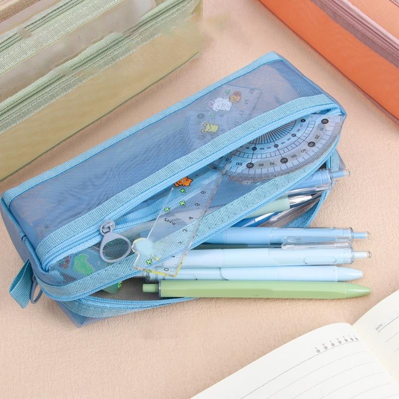 Clear Mesh Pencil Case Double Layer Pencil Pouches Large Capacity Pen Organizers Storage Bag Portable Makeup Storage Bag